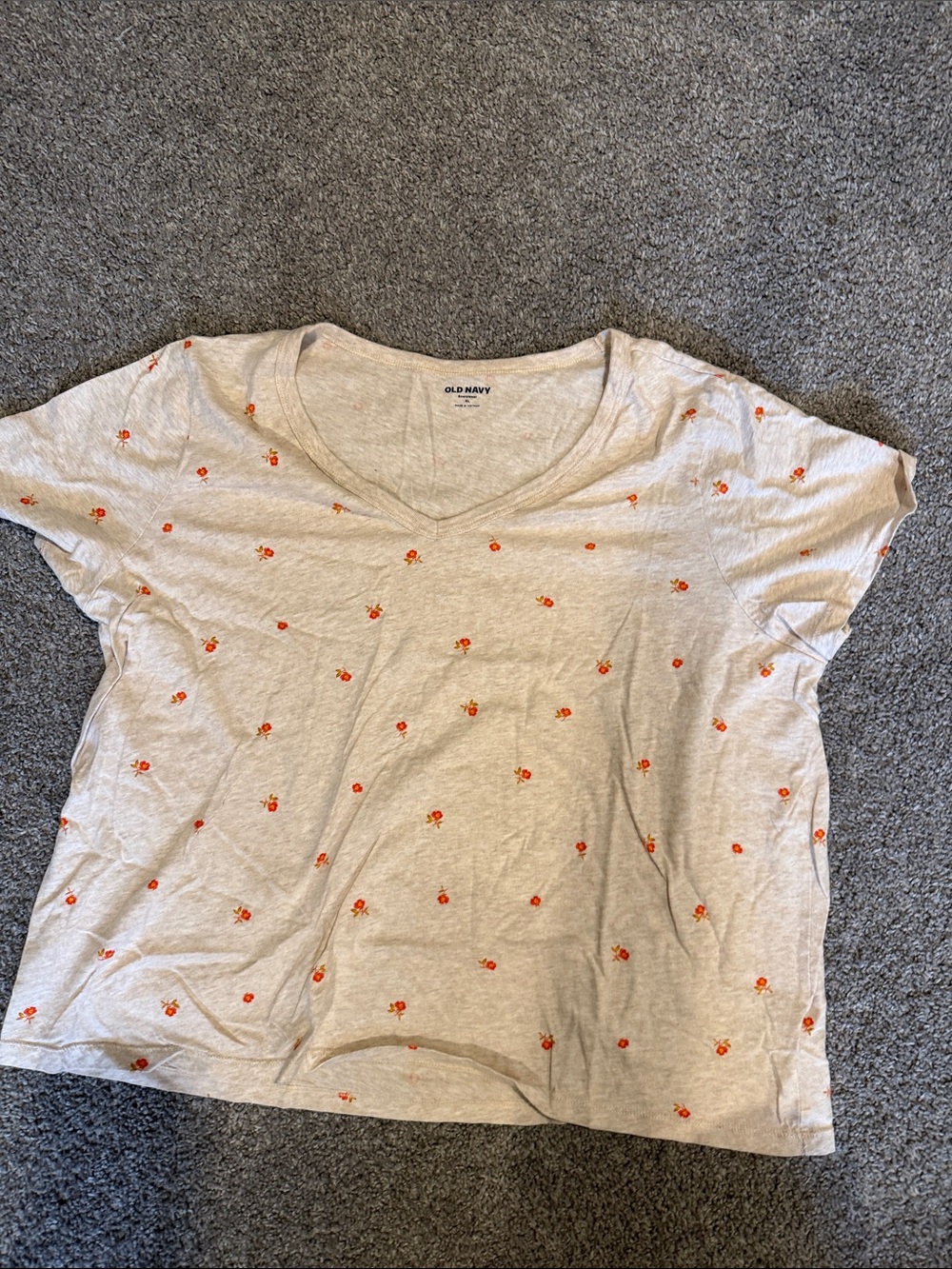 Old Navy Cream V-Neck Tee with Small Orange Floral Print